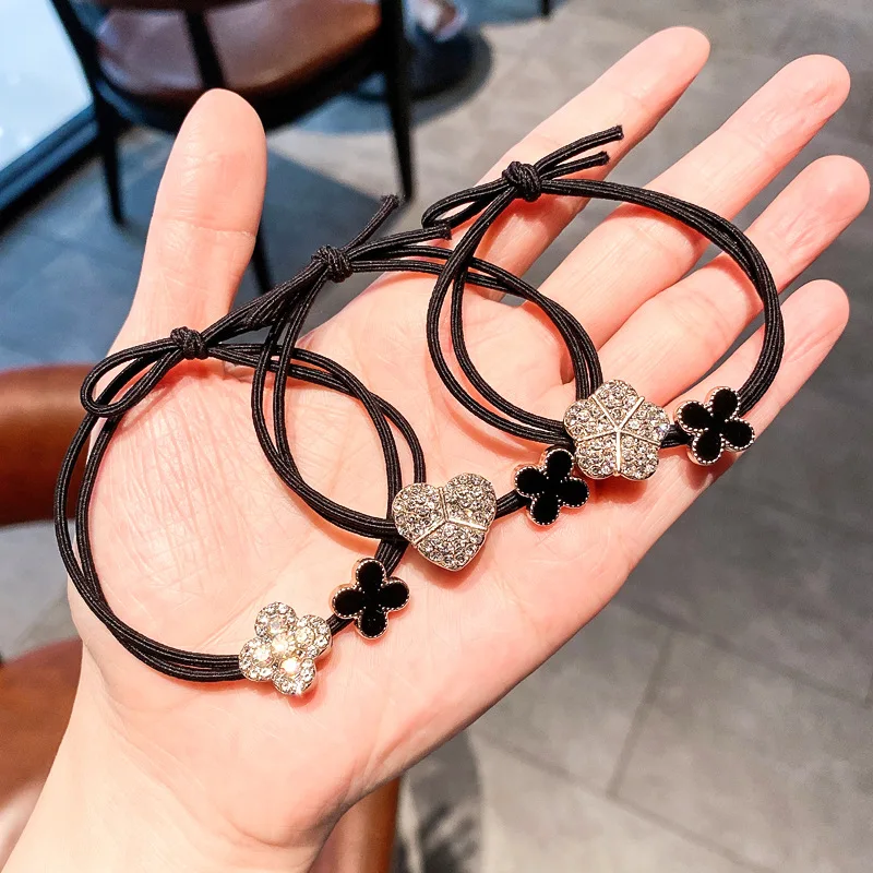 Super Sparkling Rhinestone Heart and Four-Leaf Clover Hair Tie Simple and Elegant Hair Elastic Hairband for Women