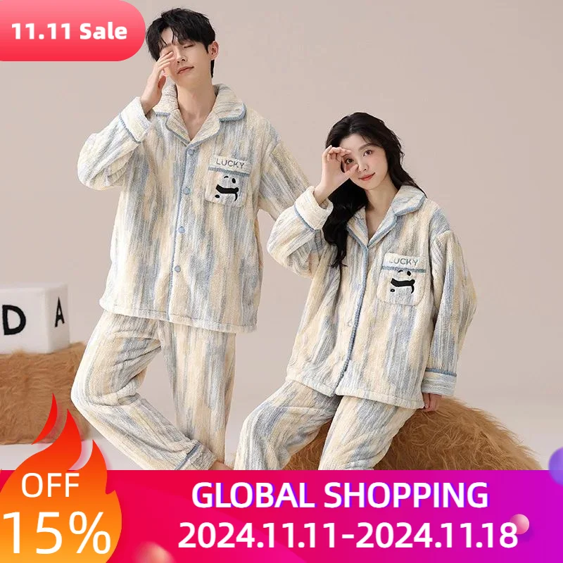 Coral Velvet Couple Pajamas Autumn Winter Women Men Thickened Wearable Cartoon Panda Home Clothing Cardigan Suit