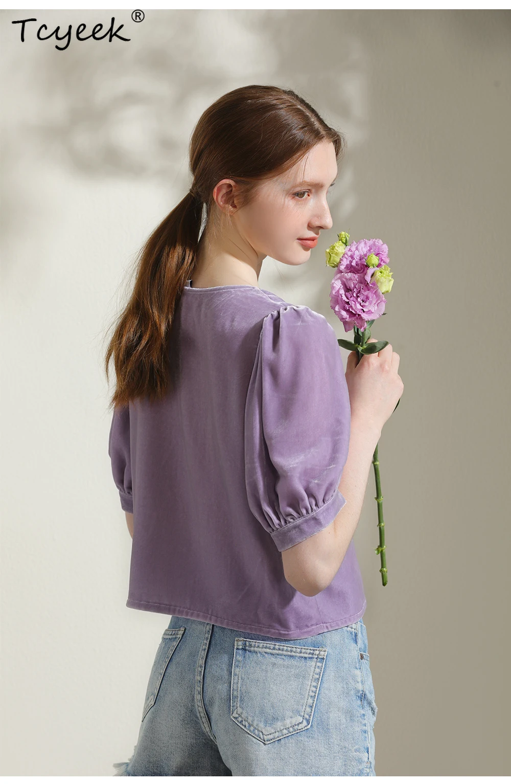 

Tcyeek, 20%Natural Silk Elegant T-Shirt, Women Short Sleeve U Neck Bow, Fashion Sweet OL Mini Top, 2024 Summer Autumn T47148QM