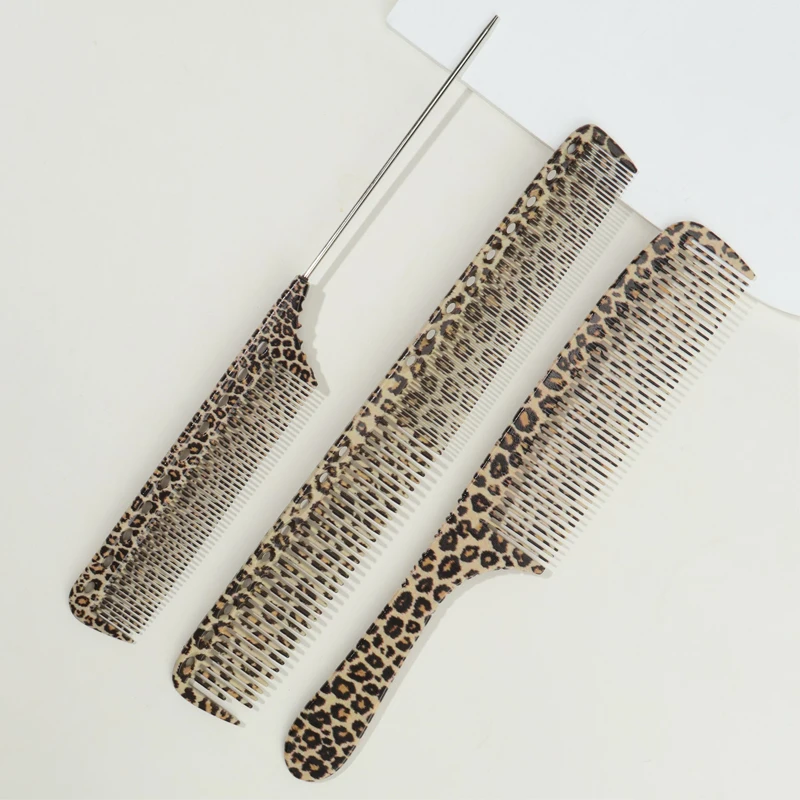 مجموعة واحدة إلى ثلاث قطع: مشط شعر بطبعة جلد الفهد الأصفر، مشط برأس مسطح، مادة ABS متينة + مقبض معدني ABS #3