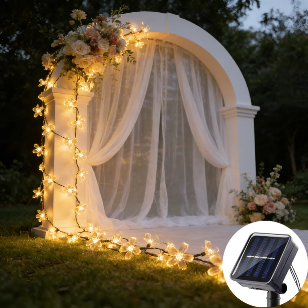 LED Solar String Lights Cherry Blossom Garland Lights Outdoor Solar Garden Patio Decor Lights Christmas Wedding Party Decoration