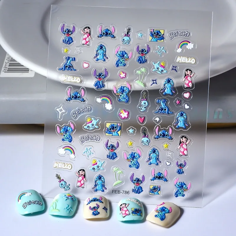 Cute Disney Lilo & Stitch Nail Art Stickers, Beautiful Kids Embossing Stickers, Printed Doll 3D Rainbow Embossing Stickers