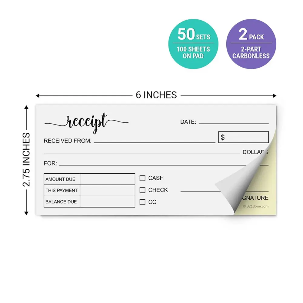 2/4 Pack Carbonless Paper Receipt Books, 2.75x6 inches, White/Yellow 2-Section, Handheld Business Order Form (50 copies).