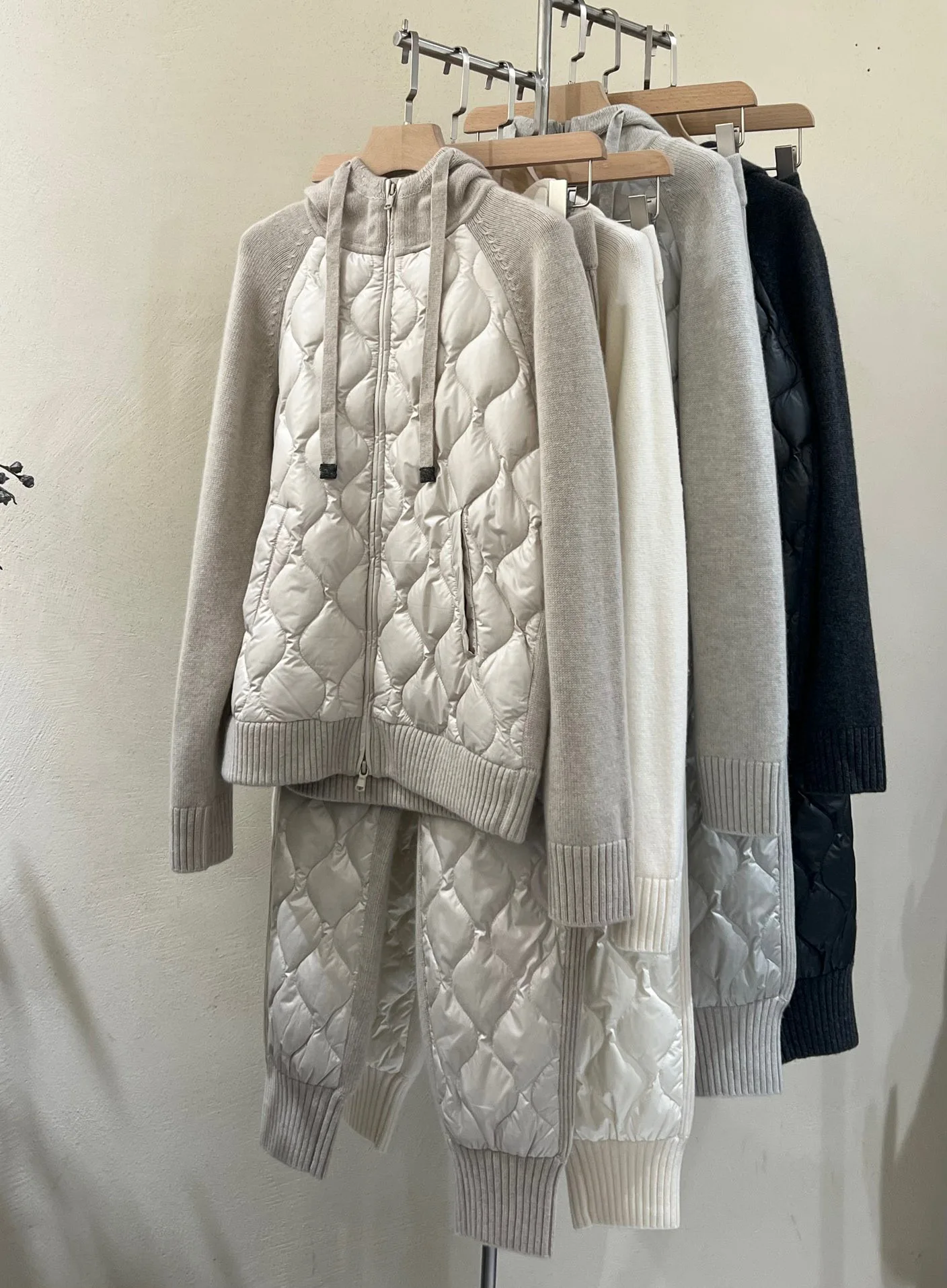 Luxurious Cashmere Goose Down Padded Matching Cardigan and Pants Set