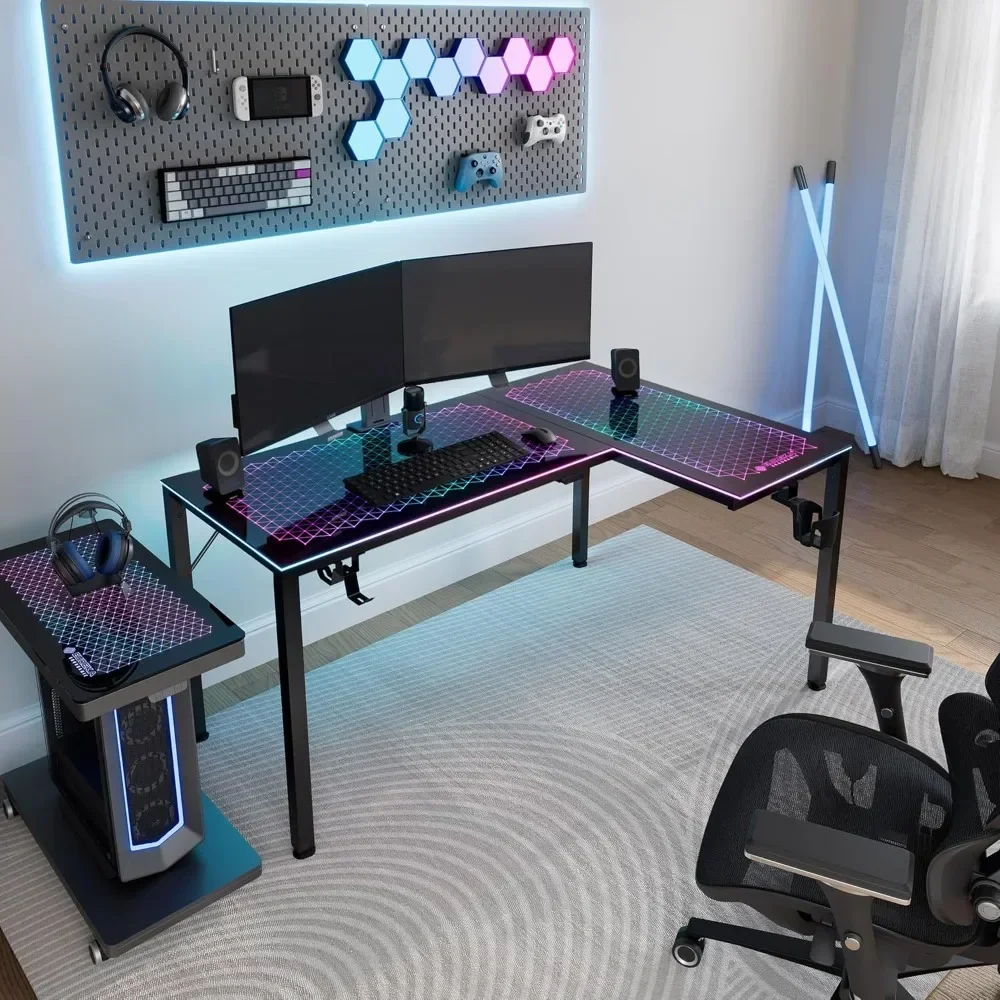 LED Lights 60 Inch L Shaped Reversible Black Glass Gaming Desk Home Office Computer Table GTG L60 Office Furniture