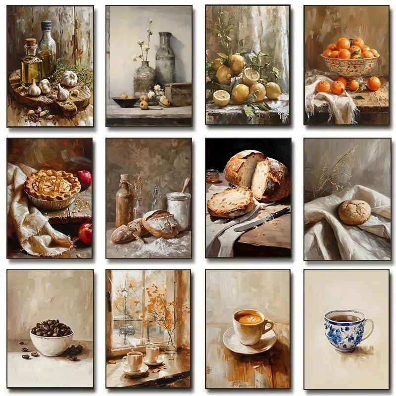 Vintage Rustic Kitchen Food Still Life Bread and Flour Lemons Oranges Coffee Poster Canvas Painting Wall Art Pictures Home De