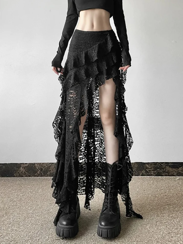 

2025 Spring Black Gothic Vintage Skirts Women Sexy High Waist Lace Ruffles Patchwork Irregular Y2k Long Skirts Party Clubwear