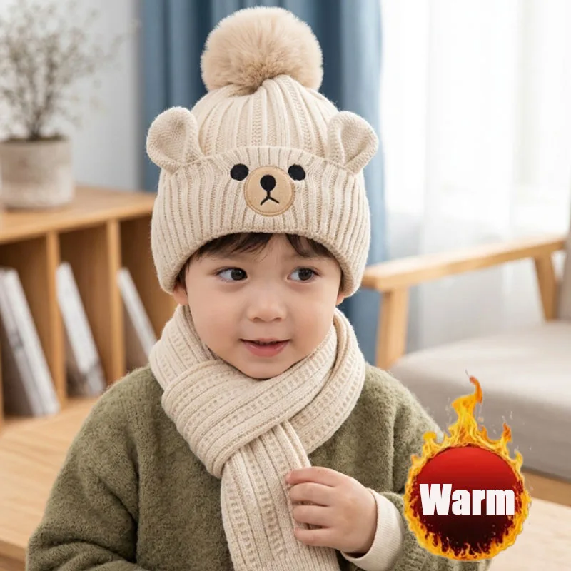 1-4PCS Kids Hat Scarf Set Velvet Lined Warm Toddler Beanie Pullover Knit Cap for 3-10 Years Boys Girls Winter
