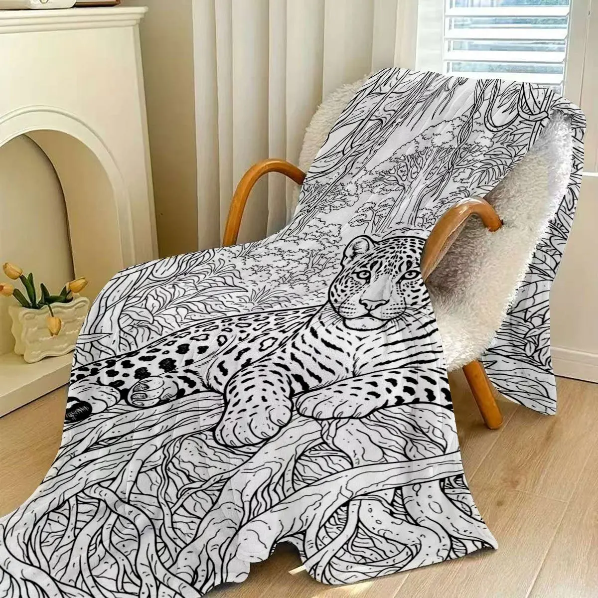 Hot Style Jungle Cheetah Black And White Line Drawing Pattern Fleece Blanket, Western Style Filled Theme Adult Stress Relief Nap