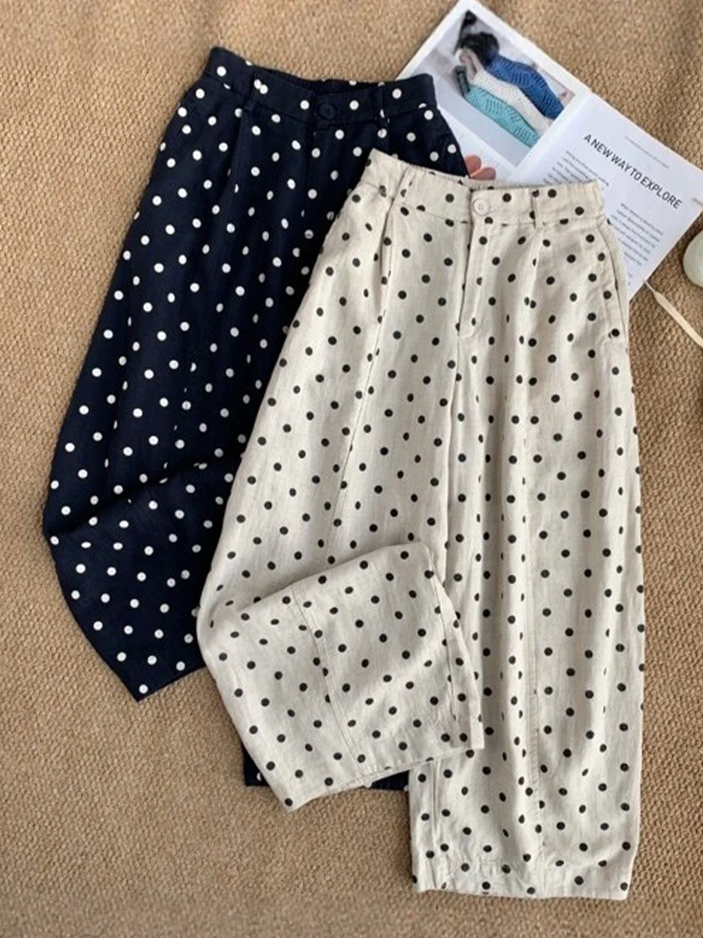 

Summer Thin High Waist Linen Polka Dot Wide Leg Knife Pants Casual Loose Fit Ladies Jeans Comfortable Breathable Cool ...