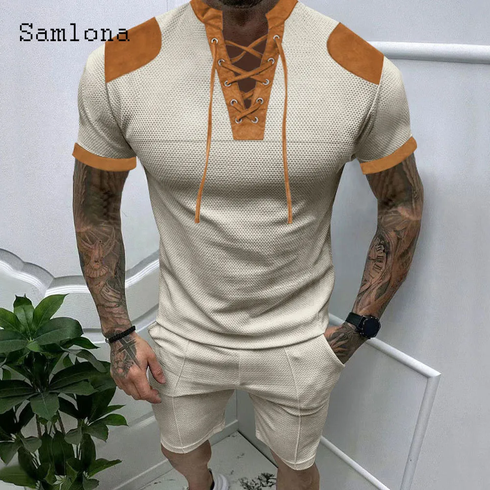 Plus Size Mens Casual Patchwork Two Piece Sets 2024 New Summer Lace-up Tops and Vintage Shorts Suit Male Beach Tracksuits Set