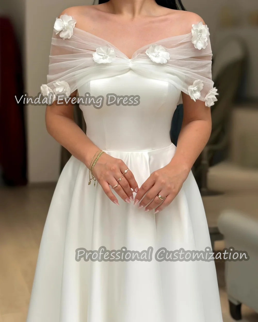 

Vindal Prom Off-the-shoulder Ruffle Ankle Length luxurious Built-in Bra Satin A-Line Elegant Short Sleeves Saudi For Woman 2024