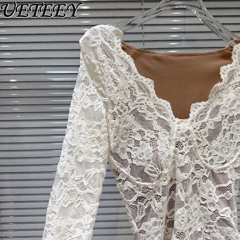 Autunno Inverno Nuovo Sexy Scollo a V Bordo ondulato Slim Fit Manica lunga Top in pizzo Versatile camicia a base corta in tinta unita per le donne