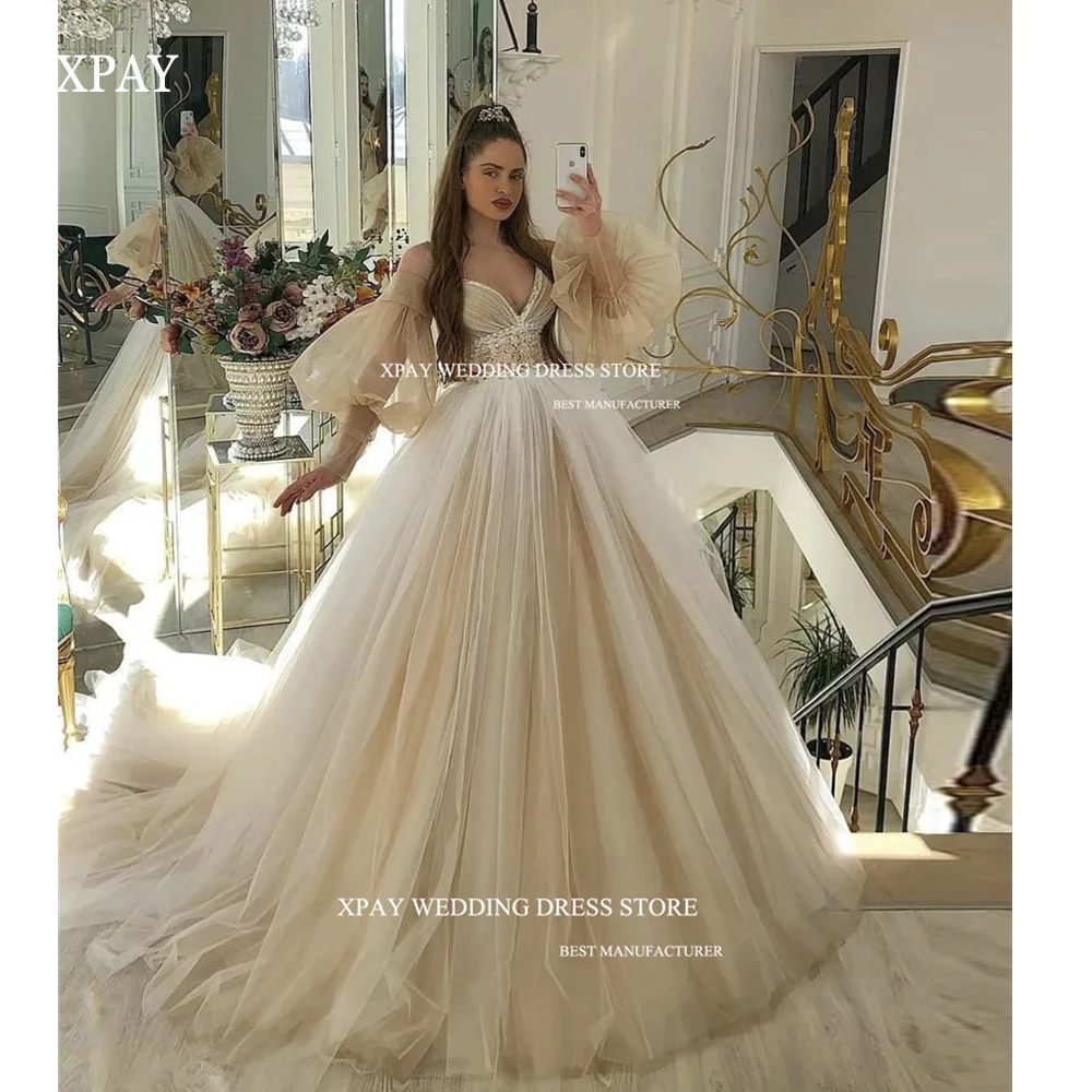 

XPAY New Modest Long Sleeves Wedding Dresses Pearls Lantern Sleeves Sweetheart Princess Bridal Gowns Vestido de novia