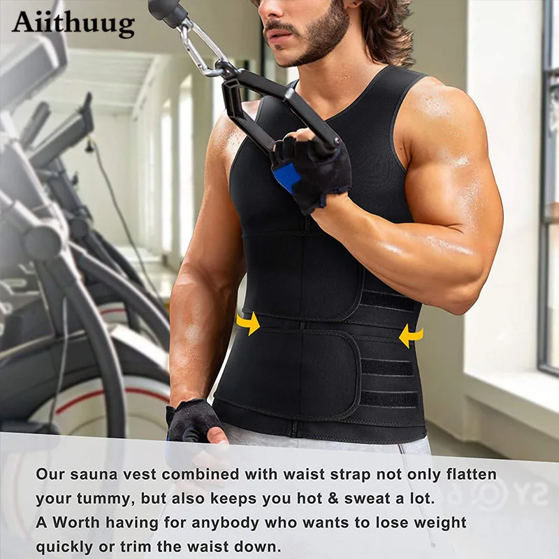 Aiithuug Sauna Vest for Men Waist Trainer Zipper Neoprene Sauna Sweat Suit Tank Top Workout Waist Trimmer Vest Neoprene Suit