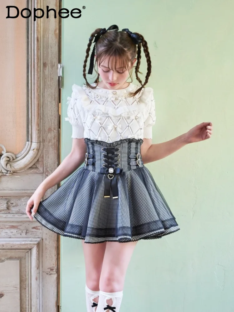 

Mine Japanese Style Summer New High Waist Slimming Thigh-Length Covering Mesh Belt Buckle Waist Skirt Women Lolita Black Skirt