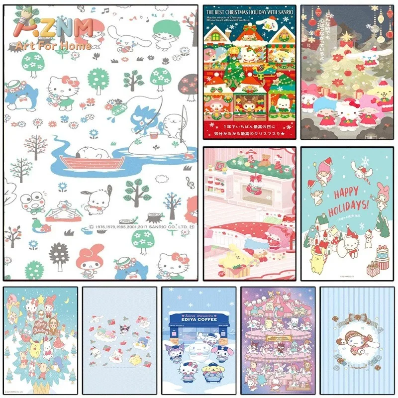Sanrio Characters Winter Forest River Cute Cartoon Canvas Wall Art Unframed Canvas Poster Print for Kids Bedroom Nursery Home
