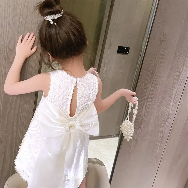 Girls Dress Summer Girls Solid Color Three-dimensional Flower Pearl Collar Back Bow Princess Dress  Ropa De Niña  Vestidos