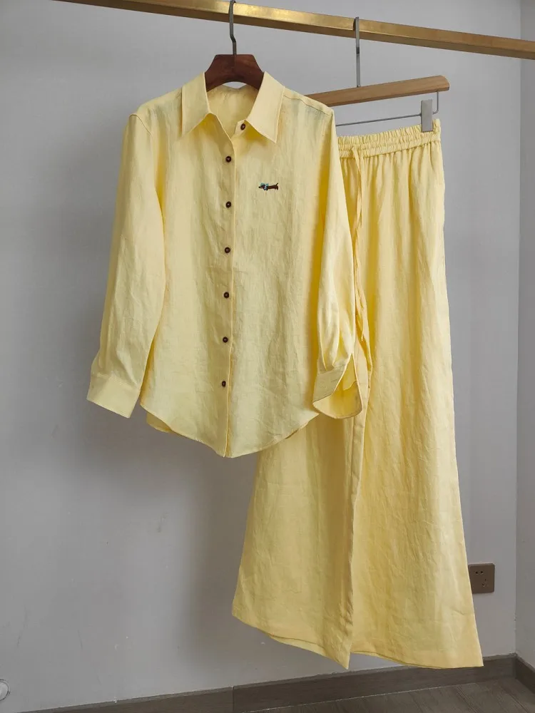 Mulheres camisa de manga longa calças de perna larga primavera verão conjunto de duas peças linho trabalho escritório senhora roupas confortáveis conjuntos de terno combinando