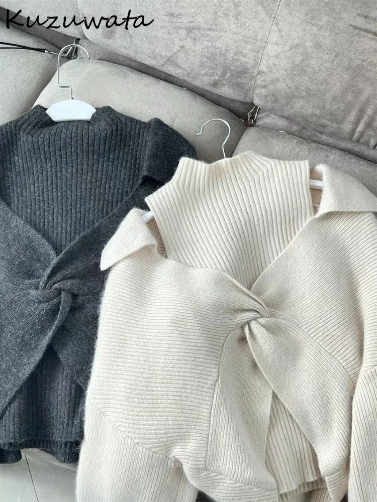 Kuzuwata Sweet Turtleneck Solid Sets Vest+casual Knot Cross Lantern Sleeve Sweaters Japanese Knit Elegant Suit Fashion Jumper