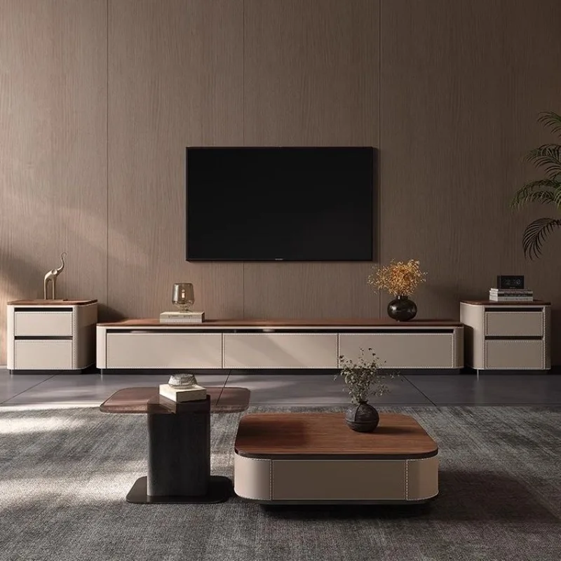 

Minimal square floor cabinet Italian saddle leather floor cabinet walnut solid wood TV cabinet coffee table combination Nordic