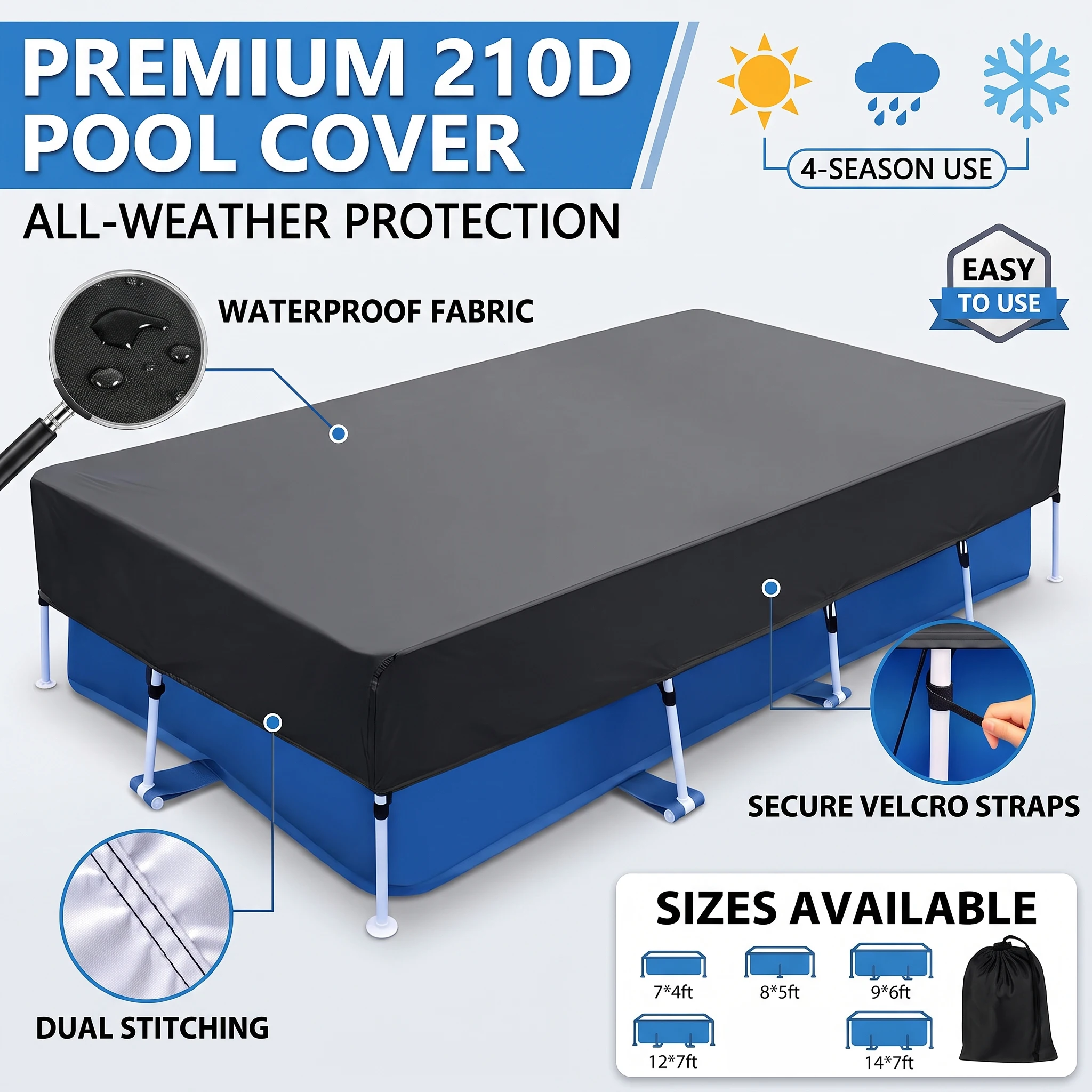 Heavy Duty Rectangular Pool Cover Waterproof 210D Oxford Cloth Above Ground Frame Swimming Pool Cover with Drawstring & Straps,