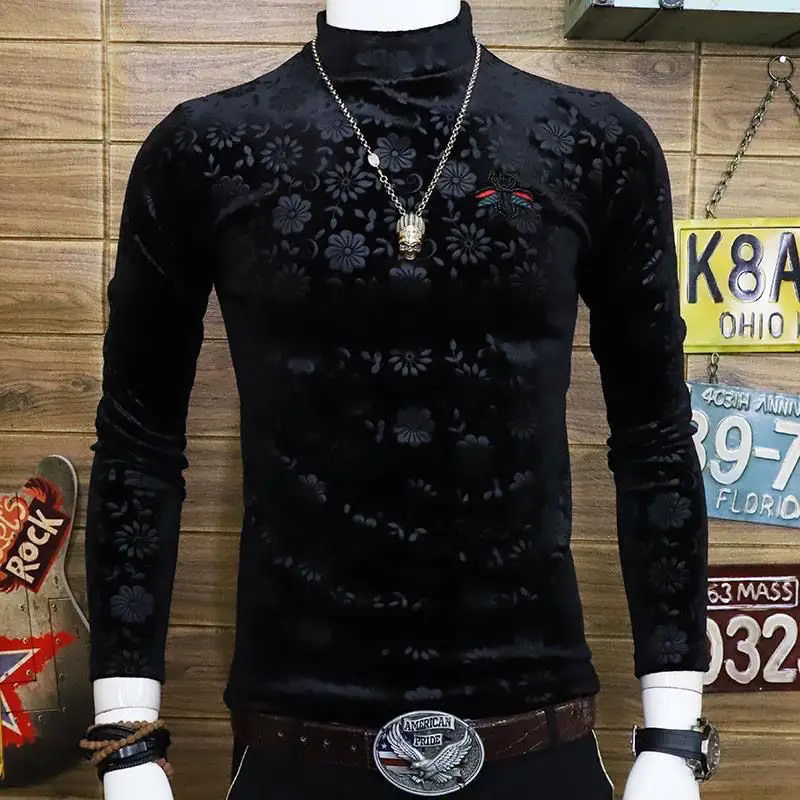 Men's autumn and winter velvet warm shirt, slim fit embroidered high-quality T-shirt, fashionable, personalized and handsome top