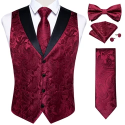 Fashion Red Paisley Men's Vest Tuxedo Dress Accessory Luxury Slim Fit Waistcoat for Man Bow Tie Necktie Handkerchief Cufflinks