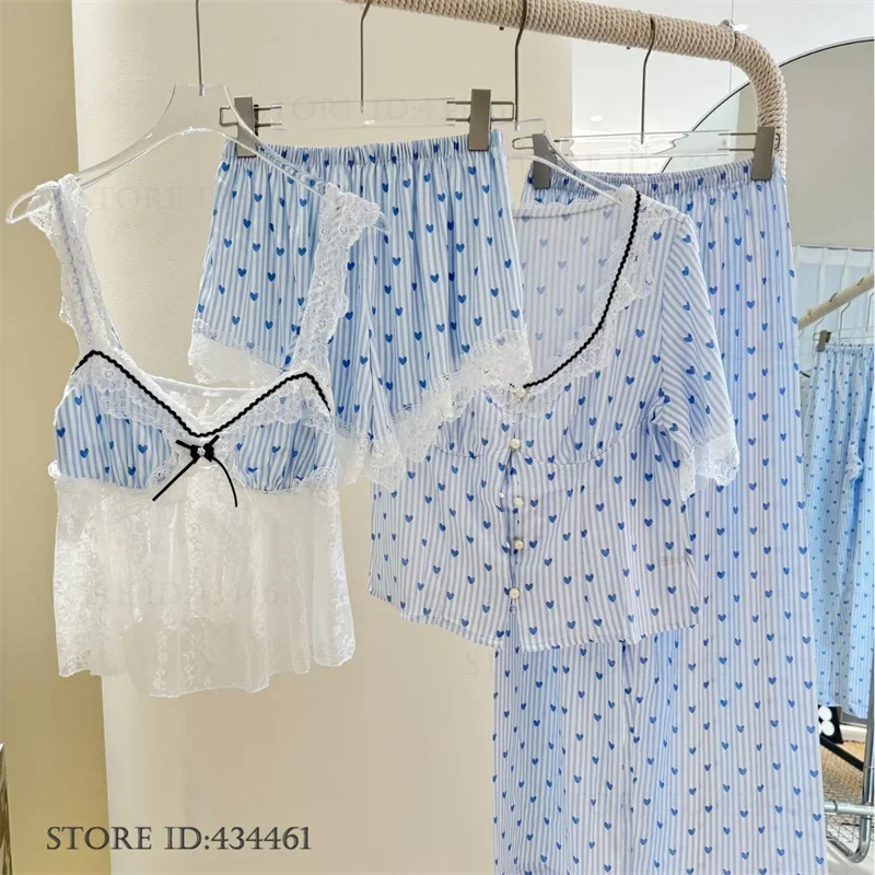 Sexy Hollow Out Lace Lingerie 4PCS Pajamas Set Sweet Women's Sleepwear Strap Top&shorts Pijamas Suit Silk Satin Homewear Pyjamas