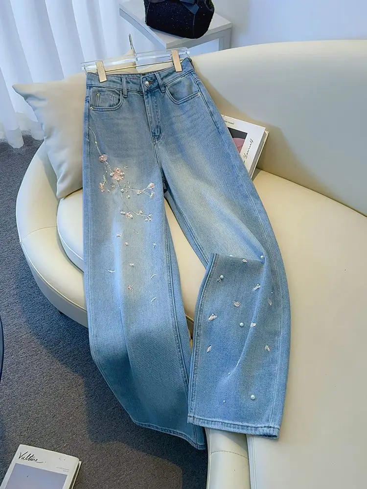 

Fashion Flower Embroidered Straight Leg Jeans For Women Spring Autumn High Waist Pearls Beading Wide Leg Denim Pants