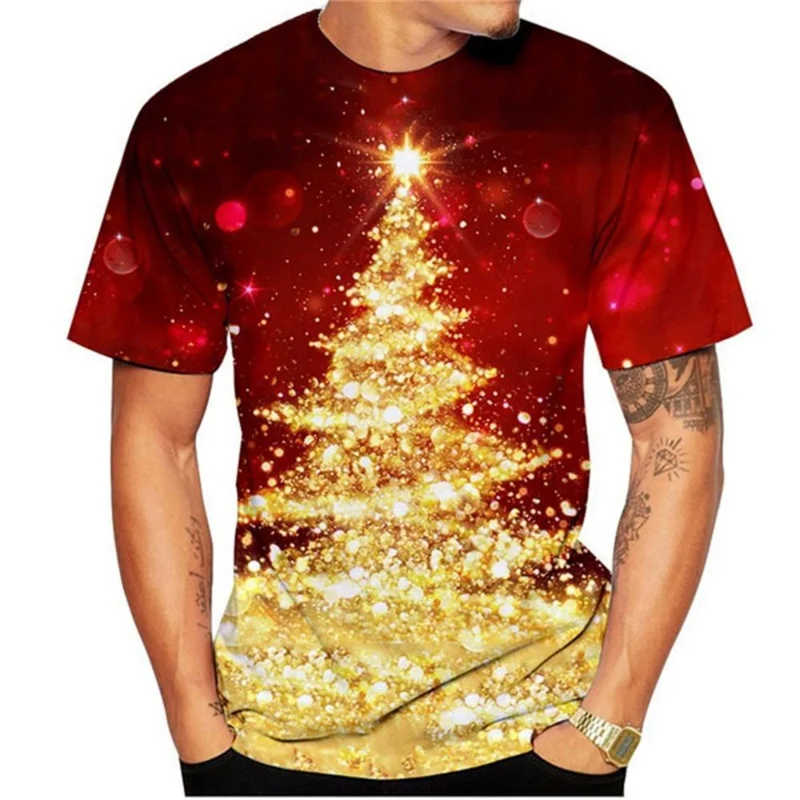 عيد الميلاد السنة الجديدة ثلاثية الأبعاد تي شيرت مطبوع للرجال مضحك شجرة عيد الميلاد نمط تيز عادية فضفاض س الرقبة قصيرة الأكمام تي شيرت #2