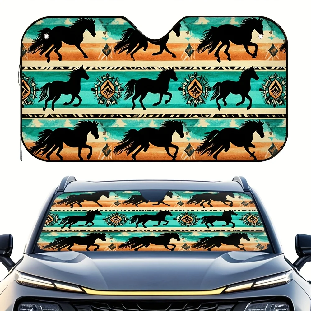 1pc Galloping Western Dreams Car Sun Visor - Western-Themed Horse & Geometric Design, Teal Blue & Burnt Orange, Fit For All Vehi