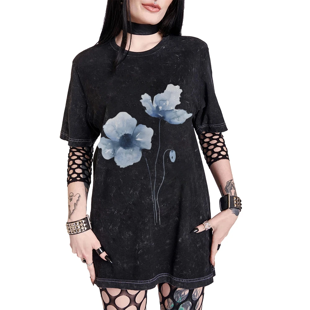 

Graphic Tee Blue Flower Print Tee All-Cotton, High-Quality Oversize Washed Tee. Watercolor Blue Flowers Artistic Y2K Trend