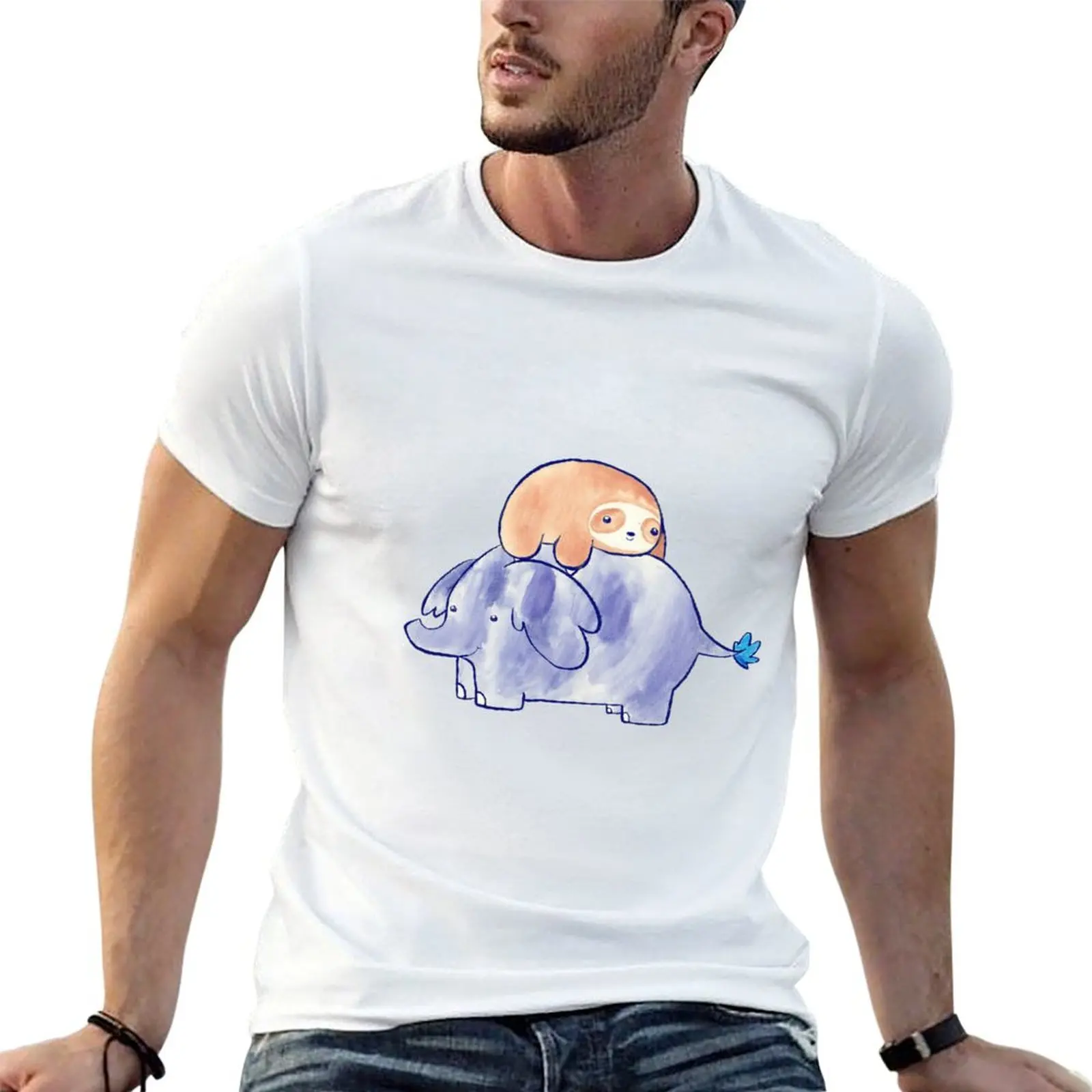 Little Sloth and Elephant Watercolor T-Shirt man tshirt man t shirt cotton t shirt for man 100 percent cotton T-shirt