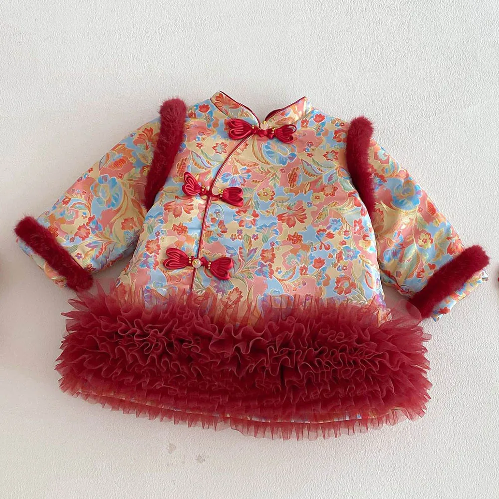 Chinese Style New Year Children Dresses For Girls Quilted Warm Winter Kids Clothes Princess Christmas Toddler Girl Dress  123