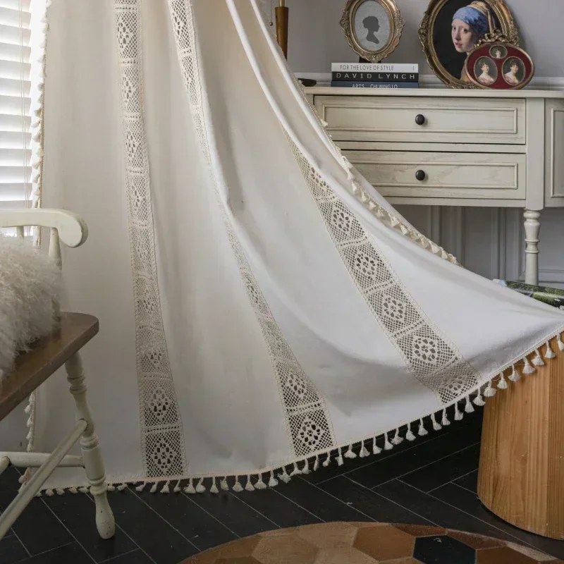 Off white Hollow Splicing Cotton Linen Sunblind Home Semi Shading Tassel Curtains Wall Decoration Window Shade door curtain
