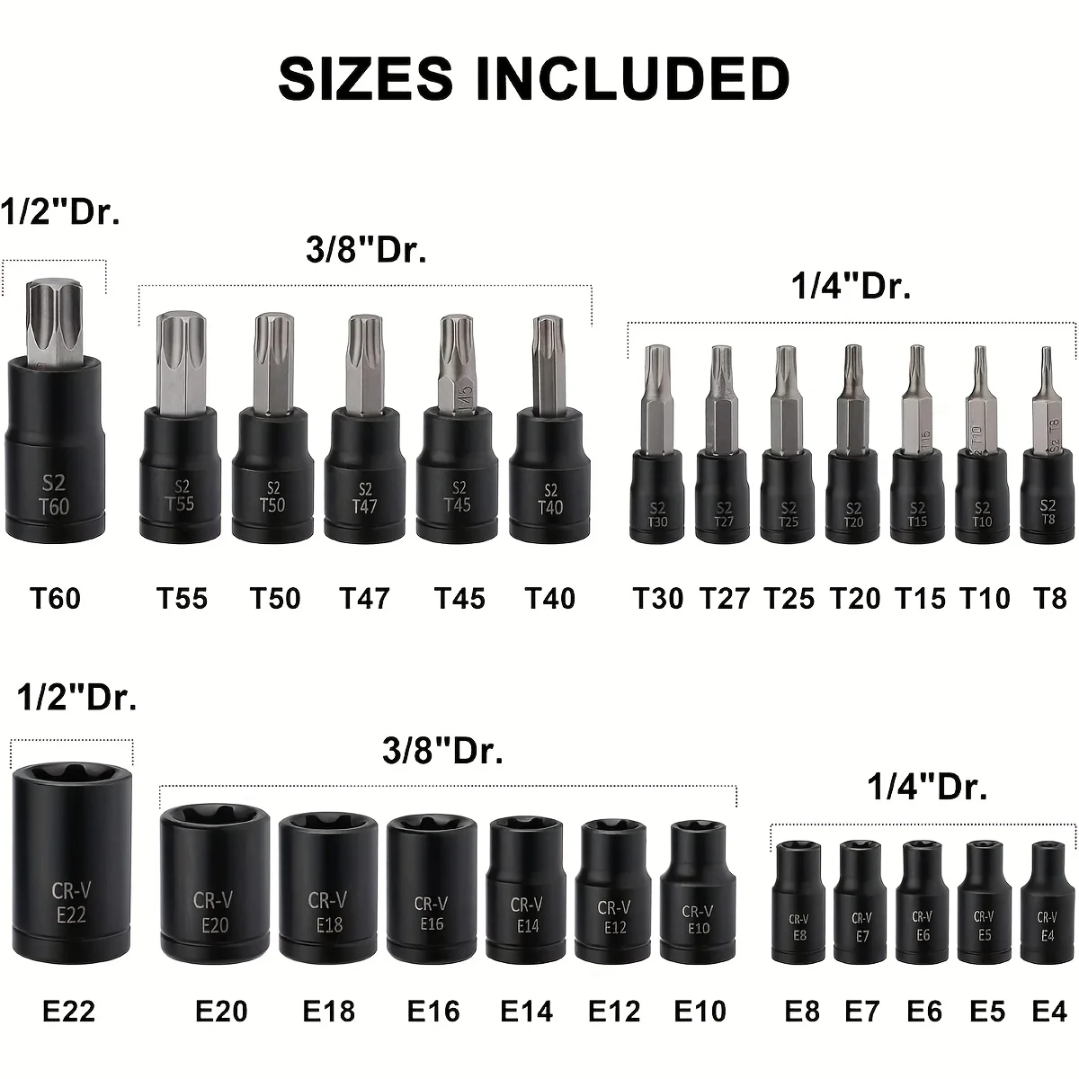 25Pcs Torx Bit & Socket Set, 13 Star Bits (T8- T60) & 12 E-Torx Sockets (E4-E22), Professional Auto & Motorcycle Mechanic Set