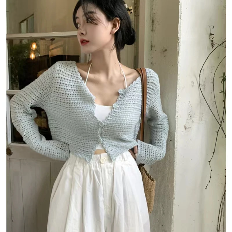 ZHUANQIN Women Buttons Up Short Cardigan Coat Knitted Hollow Out Smock Top Long Sleeved Thin Summer T-shirt Ruffles Casual Shirt