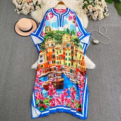 Summer Runway Holiday Beach House Flower Print Long Loose Robe Women's O-Neck Batwing Sleeve Side Split Maxi kaftans Dresses