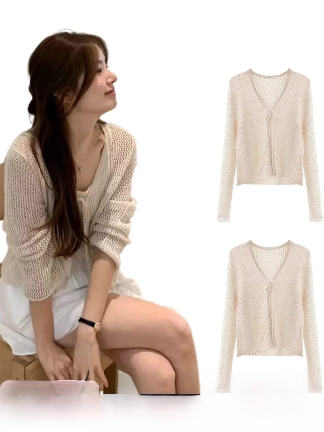 

Slimming Color V-Ne Knitted Open Cardigan Women's Summer Top Ounce New Sle Casual Loose Fit Cotton ort Sve