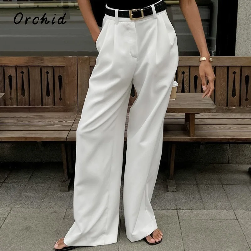 Kantoor Dame Stijl Mode Effen Kleur Hoge Taille Pak Broek Vrouwen Casual Losse Wijde Pijpen Basics Volledige Lengte Witte Broek