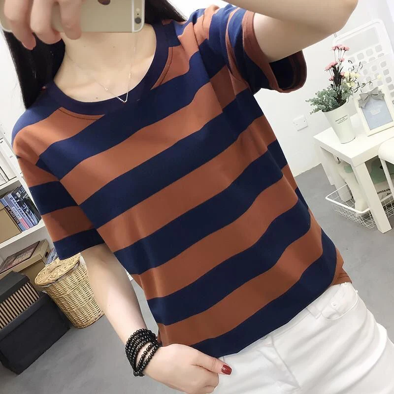 2024 Summer New Striped T-shirt Women\'s Short Sleeved Top Loose Korean Versatile Hong Kong Style T-shirt