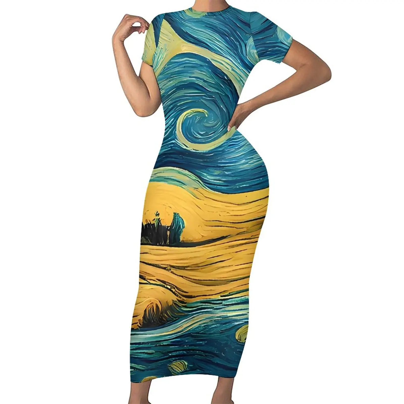 Van Gogh Dress Short Sleeve The Starry Night Modern Maxi Dresses Spring Street Fashion Design Bodycon Dress Large Size