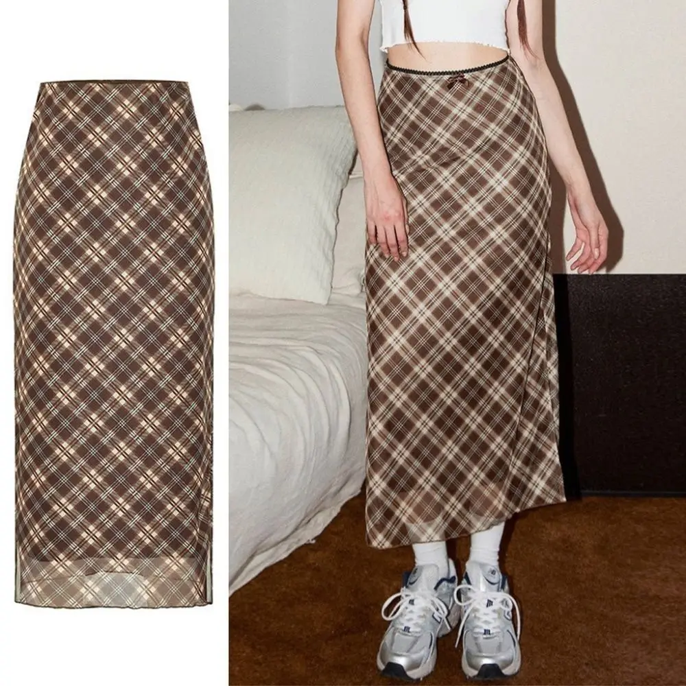 

Retro Y2k Pencil Skirt Plaid Print Slim Fit Maxi Skirt Chic Slit Straight Skirt