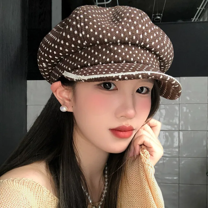Koreanische Ins Polka Dot Spitzenrand Achteckige Baskenmütze Sommer- und Herbst-Street-Art Große Version Sonnenschutz Newsboy-Mütze für Frauen – Detail 1