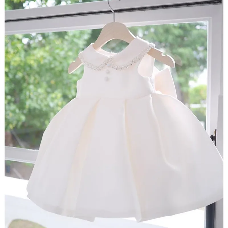 

Baby White Baptism Dress For Girls Bridesmaid Party Dresses Pearl Children Clothes Bow Girl Birthday Princess Wedding Ball Gown