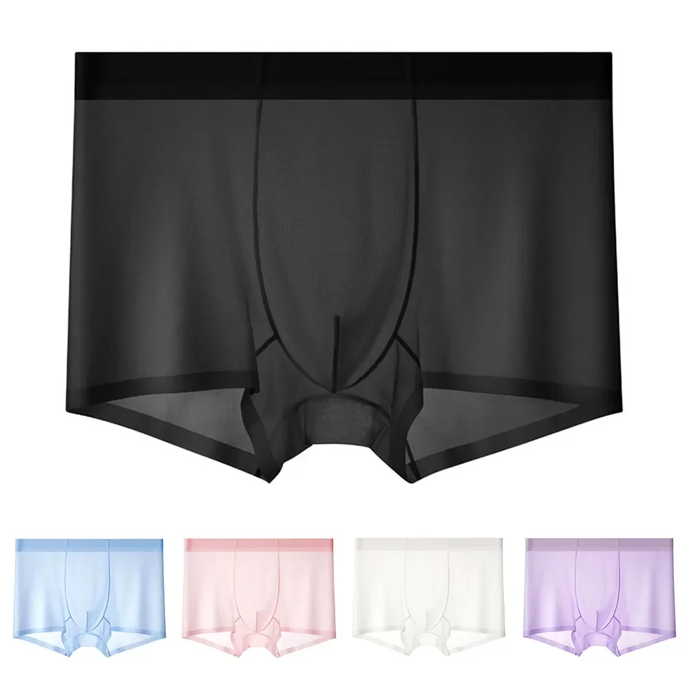 

Mens Sexy See Through Lingerie Ice Silk Underwear Mesh Panties Hombre Sissy U Convex Pouch Boxer Shorts Underpants Knickers