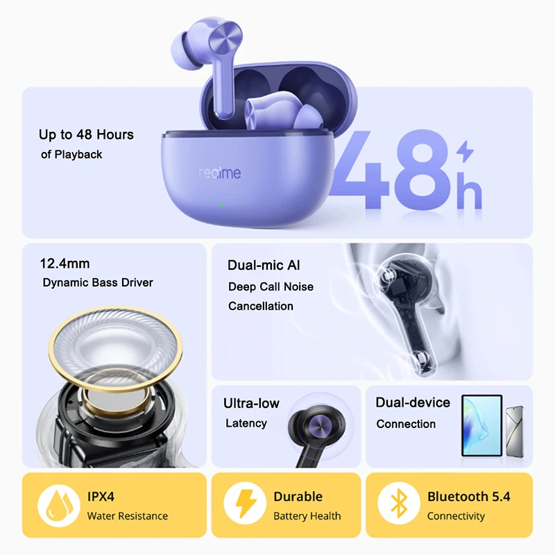 جديد Realme Buds T200 Lite True سماعة لاسلكية تعمل بالبلوتوث 5.4 ميكروفون مزدوج Al Deep Call إلغاء الضوضاء IPX4 مقاومة للماء