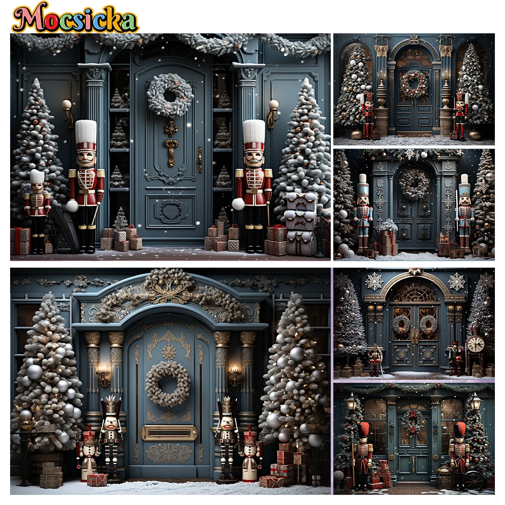 

Mocsicka Winter Christmas Photography Background Gorgeous Brown Door Christmas Tree Holiday Party Home Photo Backdrops Studio