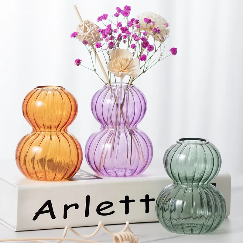 1Pcs Vertical Striped Glass Gourd Shaped Transparent Glass Vase Desktop Home Decoration Home